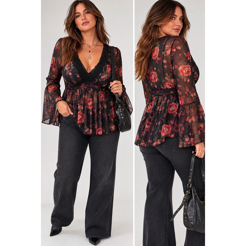 Torrid Black Red Rose Floral Sheer Lace Babydoll Blouse 10 Romantic Whimsigoth
